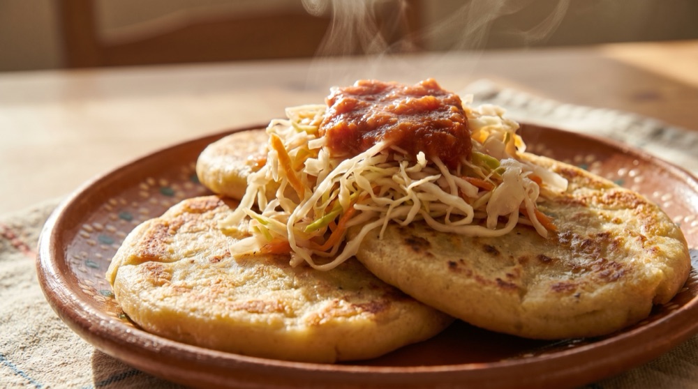 Handmade pupusas with curtido and salsa served beside a terracotta bowl