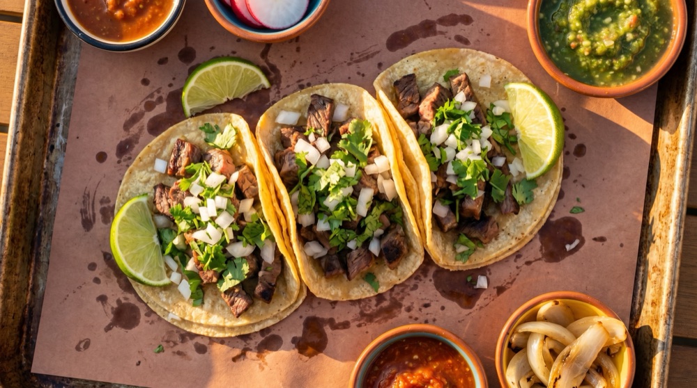 Street tacos with onion, cilantro, and lime wedges on a rustic plate