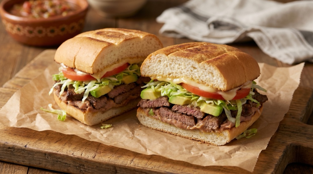 Loaded torta sandwich with avocado, queso, beans, and grilled meat